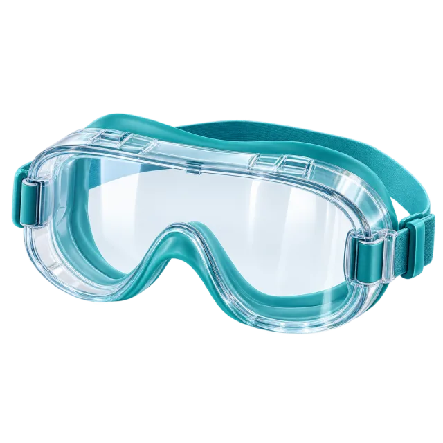 Clear protective goggles have a teal frame and strap
