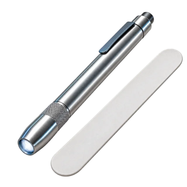 A silver penlight sits beside a pale flat examination stick
