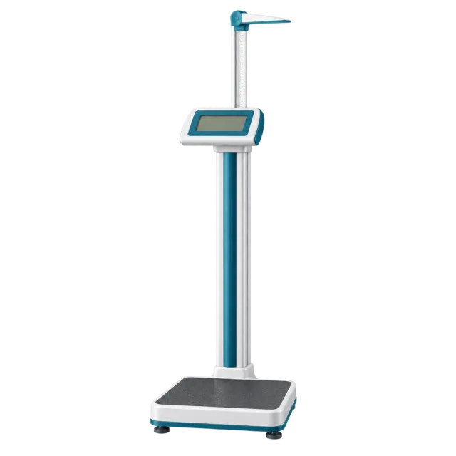 A standing scale has a small display and height rod
