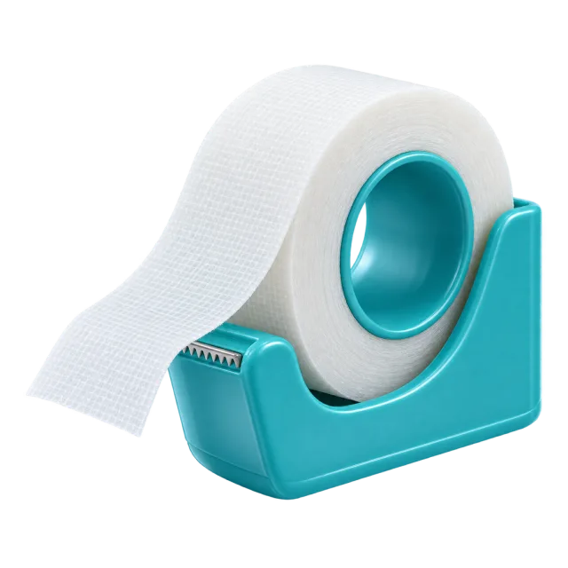 A white tape roll sits in a teal dispenser