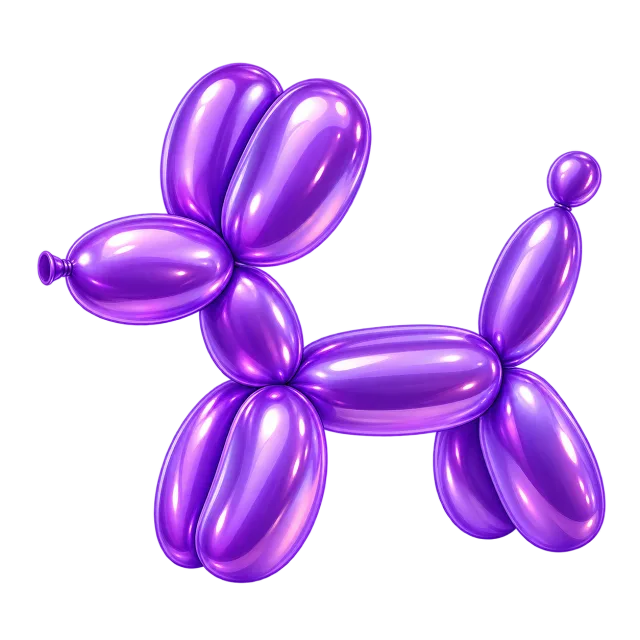 Shiny purple balloon twisted into a standing dog with long ears and a raised tail on a transparent background