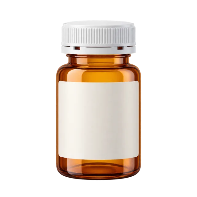 An amber bottle has a white cap and blank label