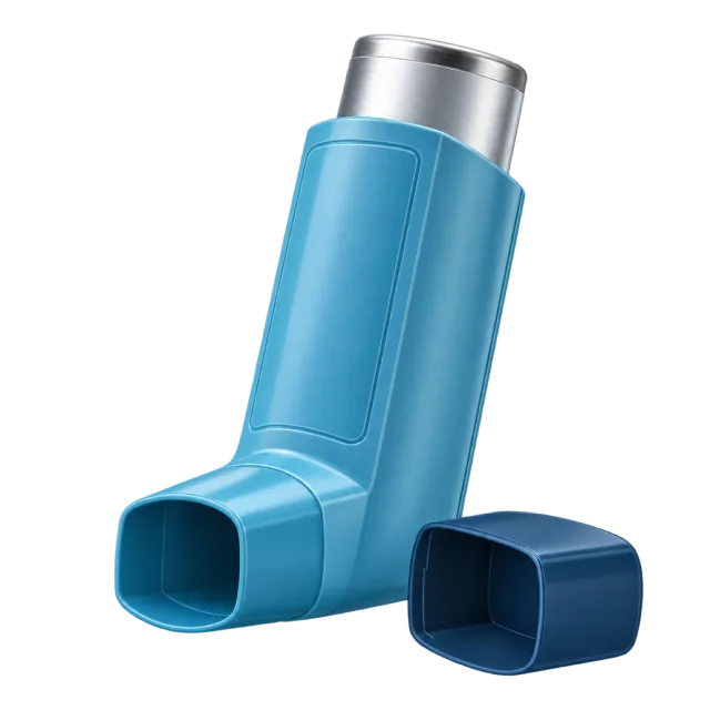 A blue inhaler is shown with its cap removed