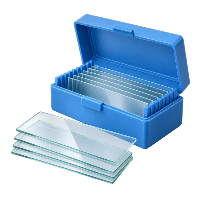 Glass microscope slides sit beside an open blue storage box
