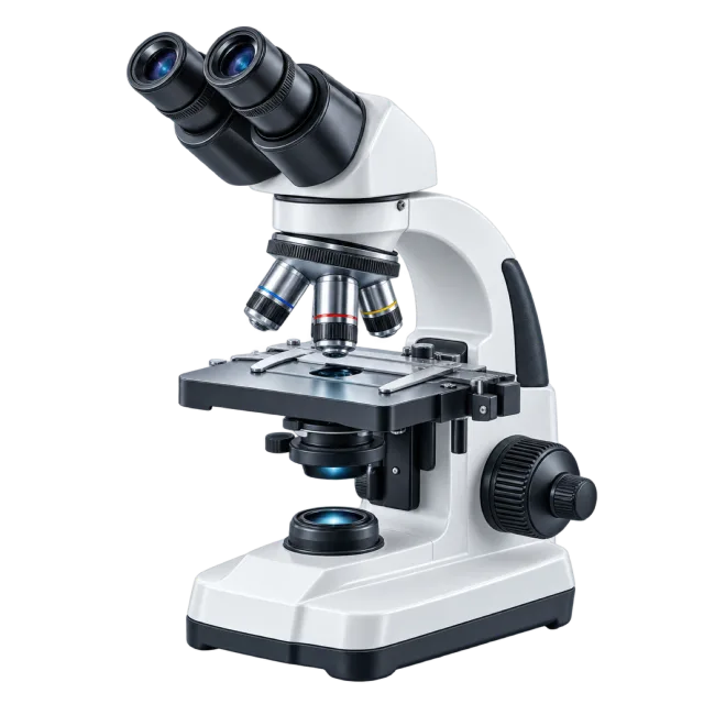 A white and black microscope has dual eyepieces and an objective turret