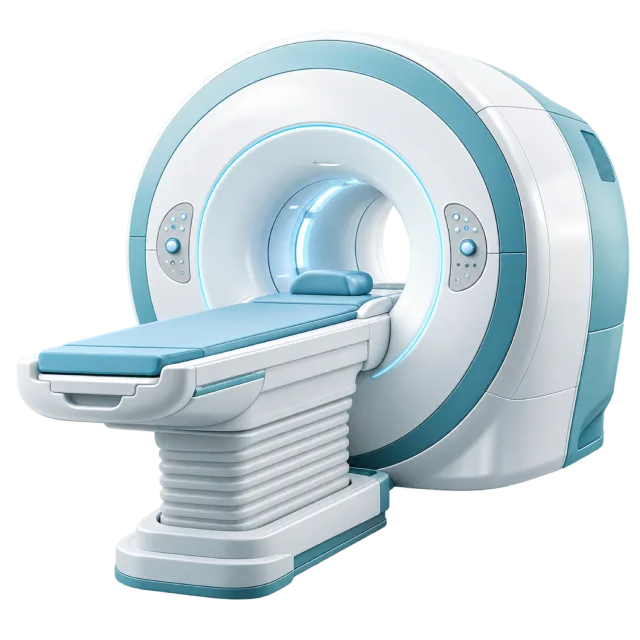A white and turquoise scanner has a circular opening and patient table