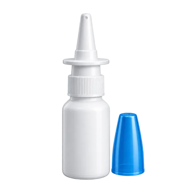 A white nasal spray bottle has a narrow nozzle and detached blue cap