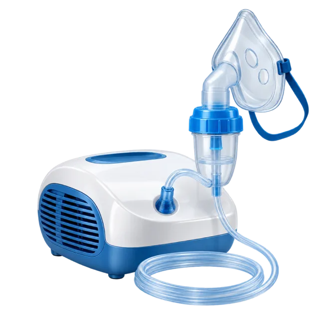 A blue and white nebulizer unit connects to a clear mask and tubing