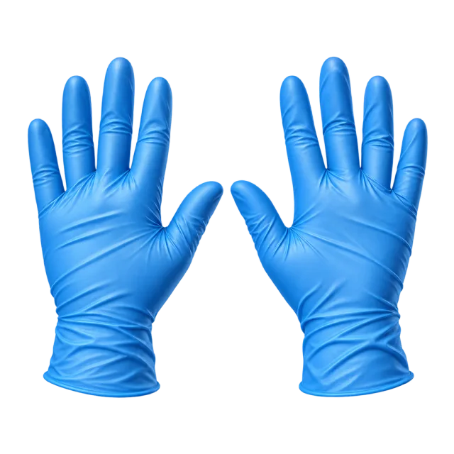 Two blue disposable gloves are displayed palm forward