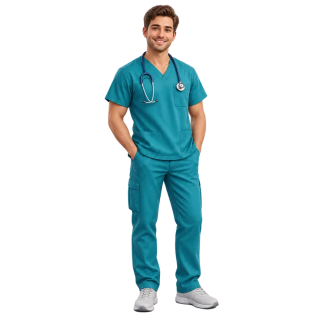 An illustrated nurse in teal scrubs wears a stethoscope
