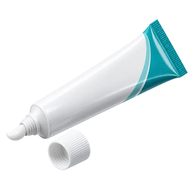 A white ointment tube with teal trim has its cap removed