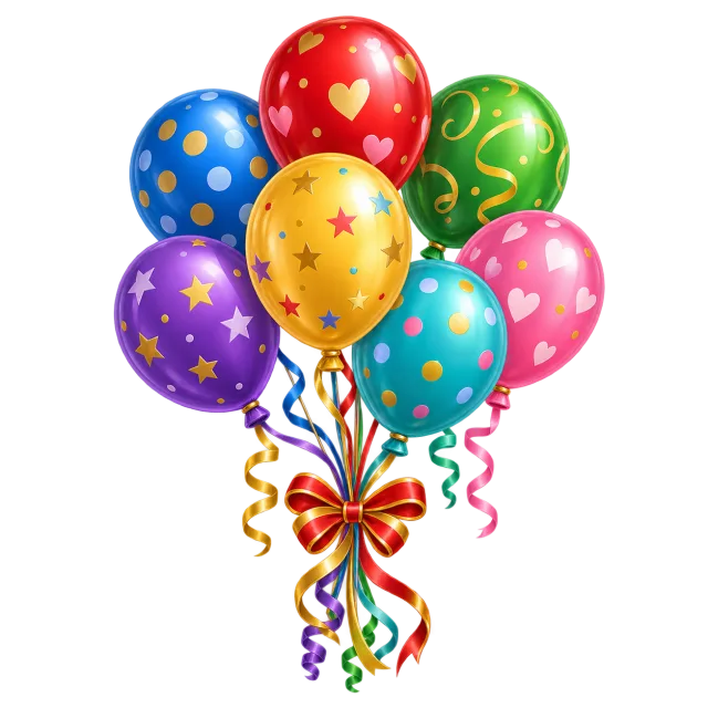 Bright balloons decorated with stars, dots and hearts, tied with curling ribbons and a red bow on a transparent background