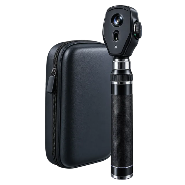 A black examination scope stands beside a black carrying case