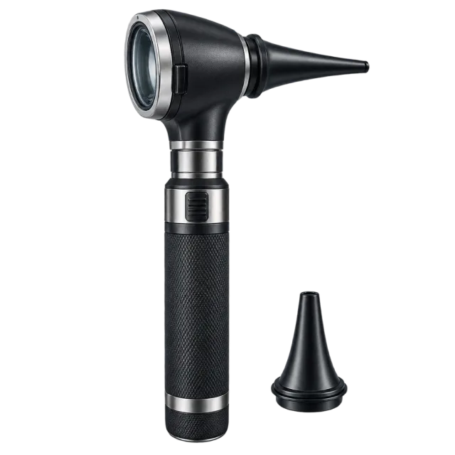 A black ear examination scope has a narrow tapered tip
