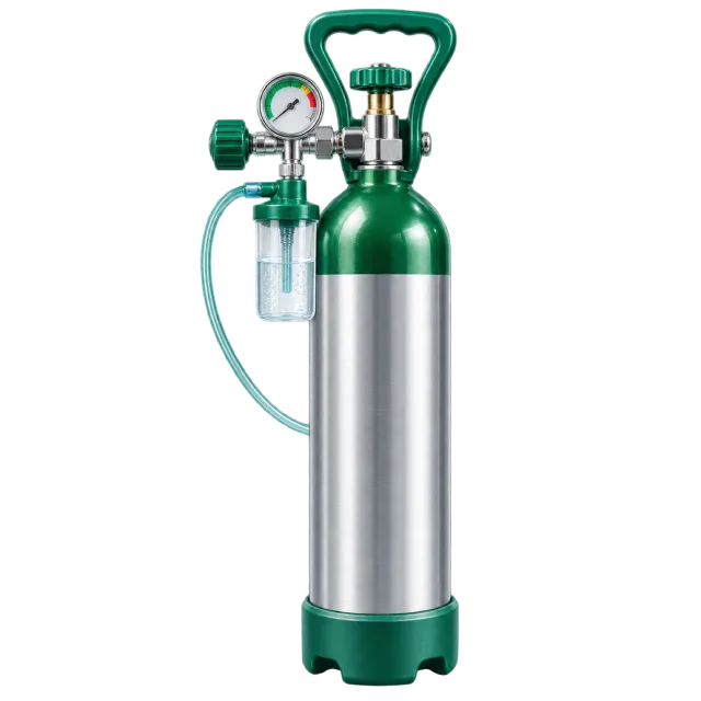 A green and silver cylinder has gauges and attached tubing