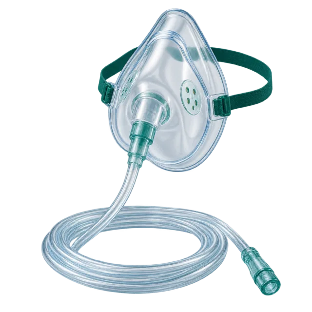 A clear oxygen mask has a green strap and coiled tube