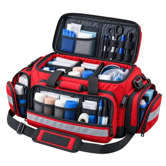 An open red medical bag contains organized supplies
