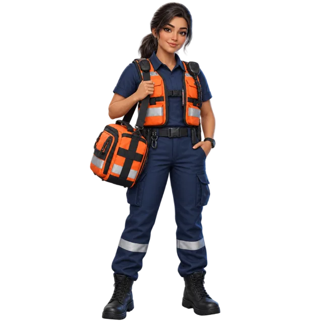 An illustrated paramedic wears a dark uniform and orange vest with a shoulder bag