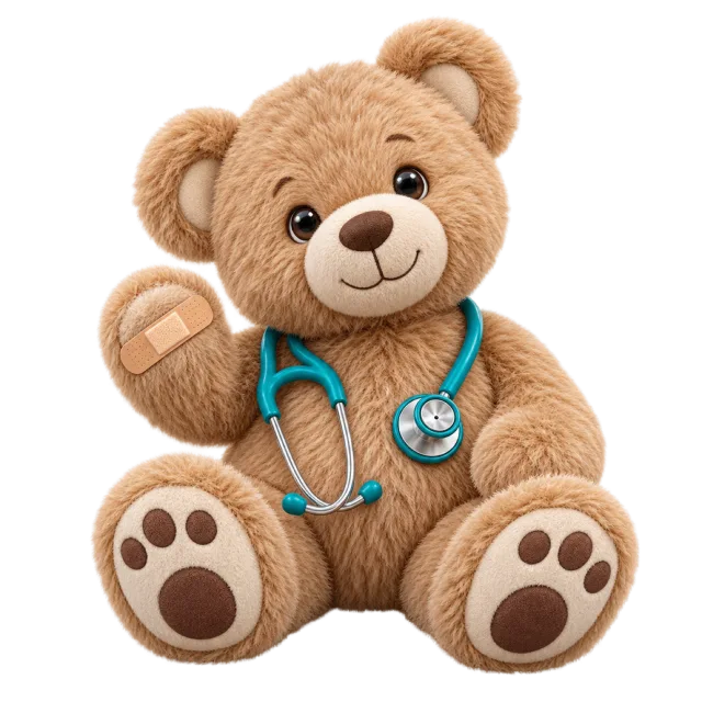 A seated teddy bear wears a teal stethoscope