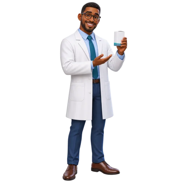An illustrated pharmacist in a white coat holds a small bottle