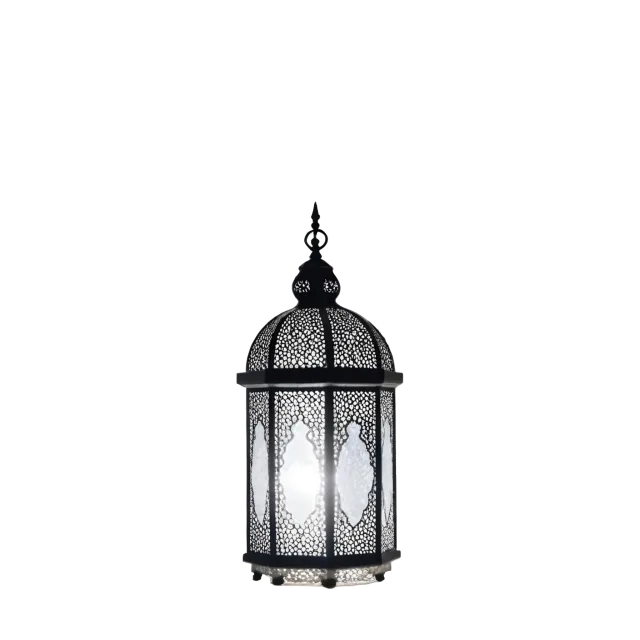 Tall silver lantern with patterned metalwork and a hanging chain on a transparent background