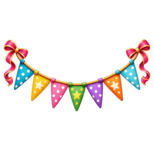 String of colorful triangular flags decorated with stars, dots and hearts, finished with red bows on a transparent background