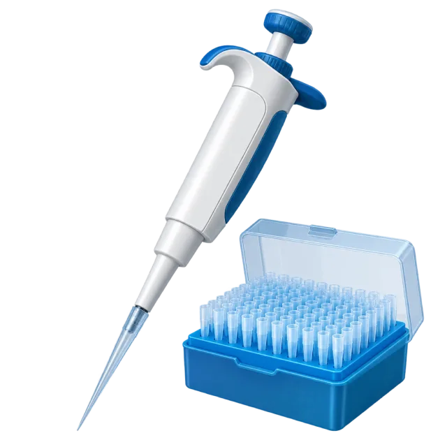 A laboratory pipette sits beside a blue rack of tips