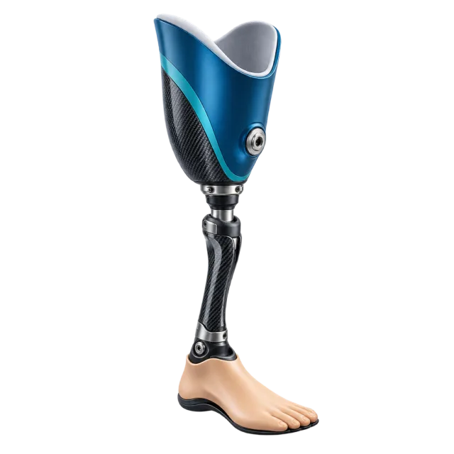 A blue and black prosthetic leg ends in a foot-shaped base