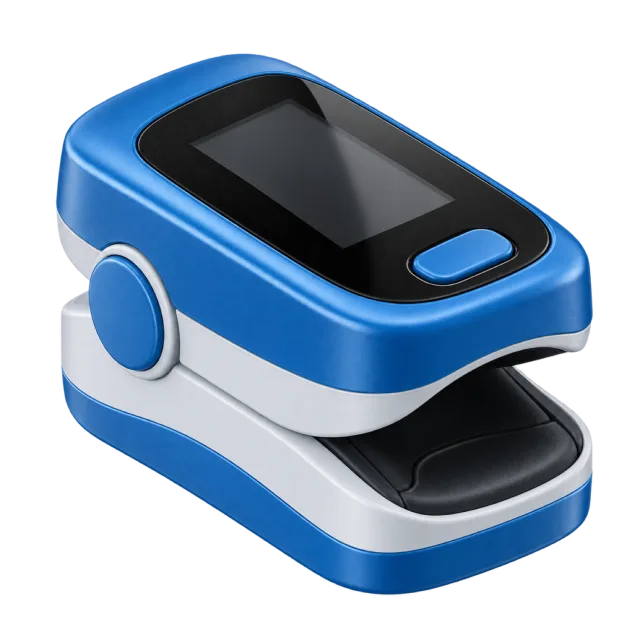 A blue fingertip monitor has a dark display and open clip