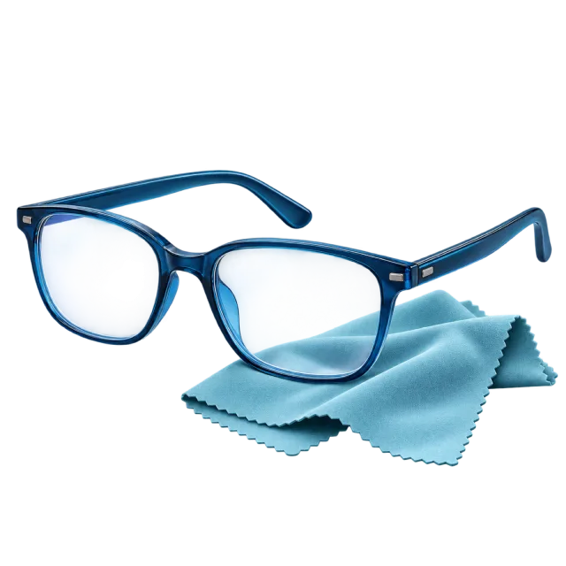 Blue-framed reading glasses sit on a pale blue cloth