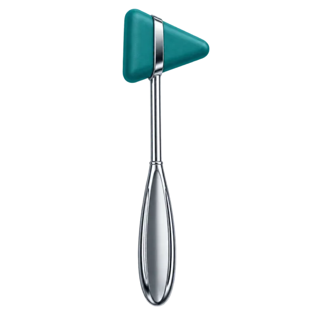 A metal reflex hammer has a teal triangular head