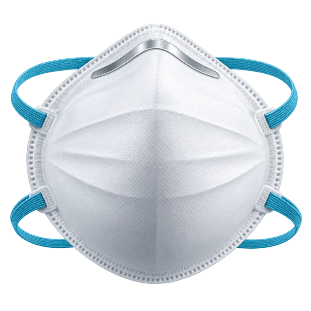 A white folded respirator-style mask has blue straps