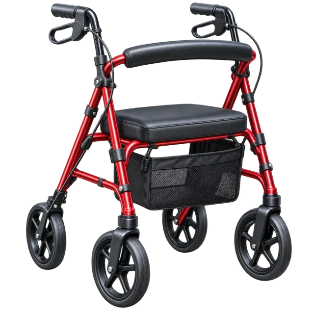 A red wheeled walker has a black seat and storage bag