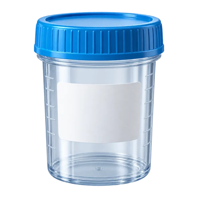 A clear sample pot has a blue screw cap