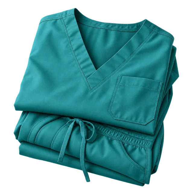 A folded teal scrub uniform has a V-neck top