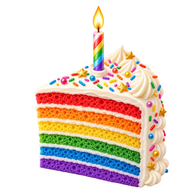 Rainbow layer cake slice topped with white frosting, sprinkles and one lit striped candle on a transparent background