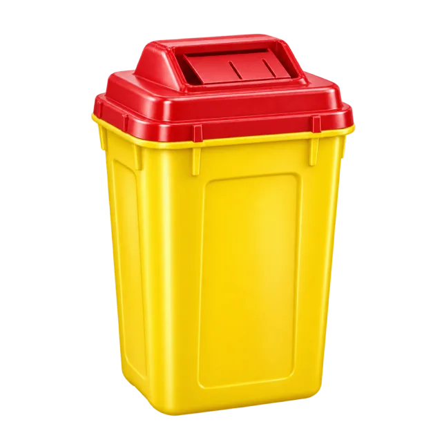 A yellow disposal container has a red lid