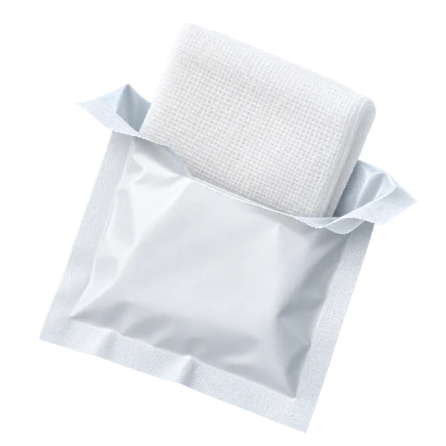 A white gauze pad rests above an opened packet