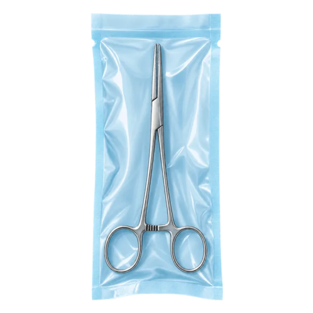 Metal scissors are shown inside a pale blue pouch