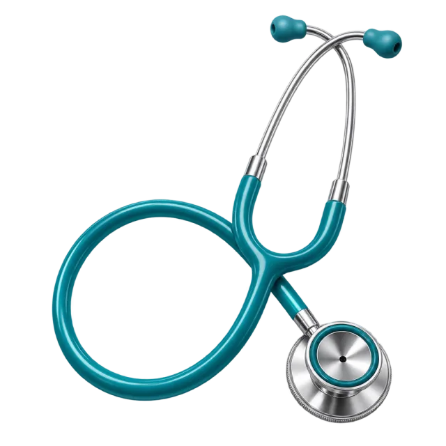 A teal stethoscope has silver-colored earpieces and a round chest piece