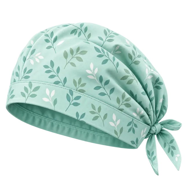 A pale green tied cap has a leaf pattern