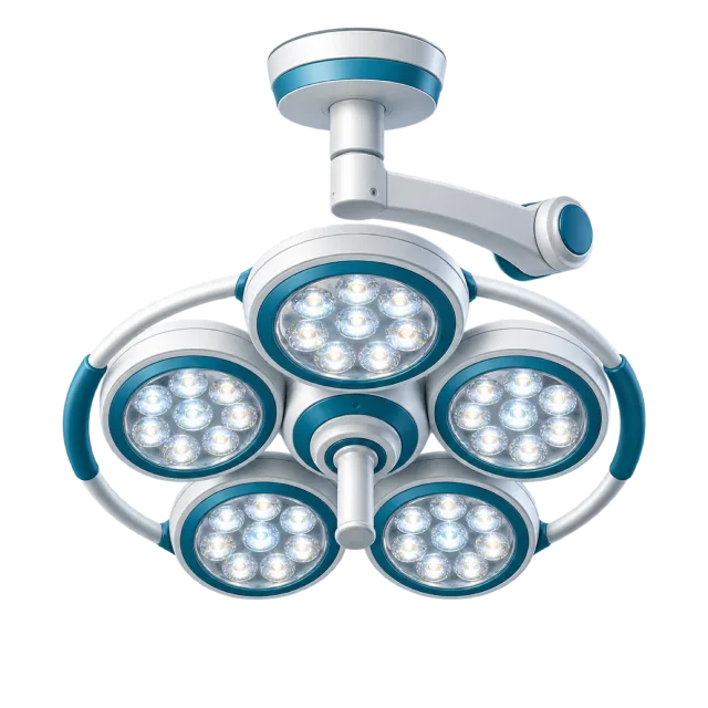 A ceiling-style surgical lamp has multiple circular lights