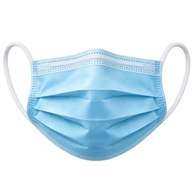 A blue pleated face mask has white ear loops