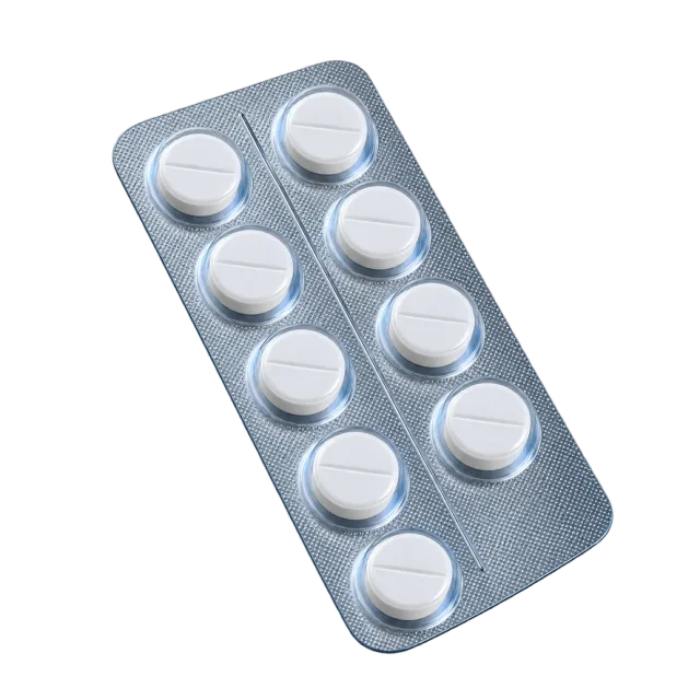 White round tablets sit in a silver blister pack