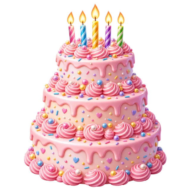 Three-tier pink birthday cake with piped frosting, colorful sprinkles and lit candles on a transparent background