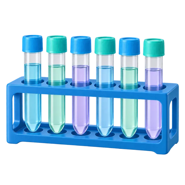 A blue rack holds capped tubes of colored liquid