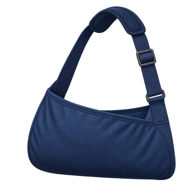 A dark blue arm sling has an adjustable shoulder strap