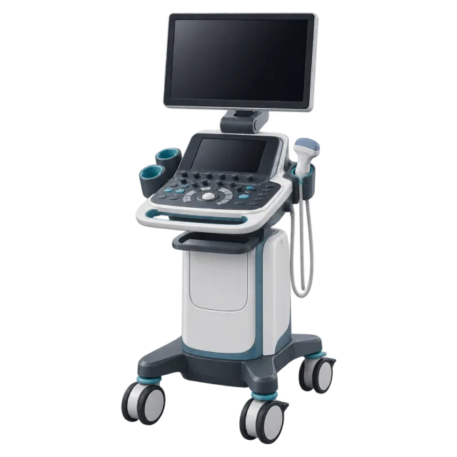 A wheeled ultrasound machine has a monitor and control console
