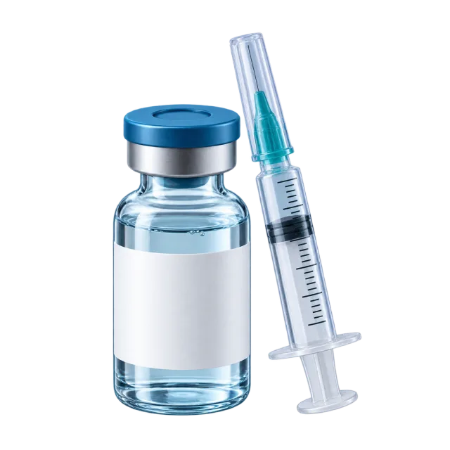 A clear vial with a blue cap sits beside a syringe