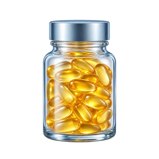Golden softgel shapes fill a clear bottle